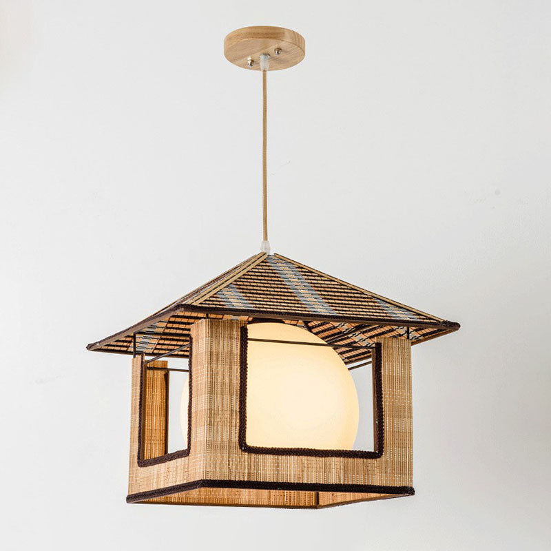 Asian Lodge Pendant Light Kit Bamboo Single Bedside Hanging Lamp in Wood with Dome Milk Glass Shade Inside Clearhalo 'Ceiling Lights' 'Pendant Lights' 'Pendants' Lighting' 2044550