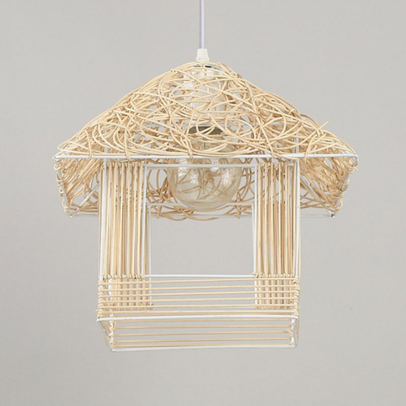 Rattan Woven House Shaped Pendant Country Style Single-Bulb Hanging Ceiling Light Wood Clearhalo 'Ceiling Lights' 'Pendant Lights' 'Pendants' Lighting' 2044558_ff03dbb4-c198-4528-86fe-beaeaebd7df9