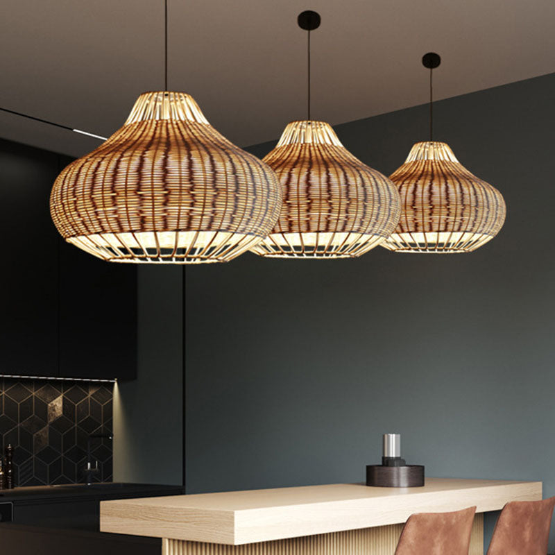 Hand-Worked Pear-Shape Hanging Light Asian Rattan 1-Head Dining Table Suspension Pendant in Wood Clearhalo 'Ceiling Lights' 'Pendant Lights' 'Pendants' Lighting' 2044567