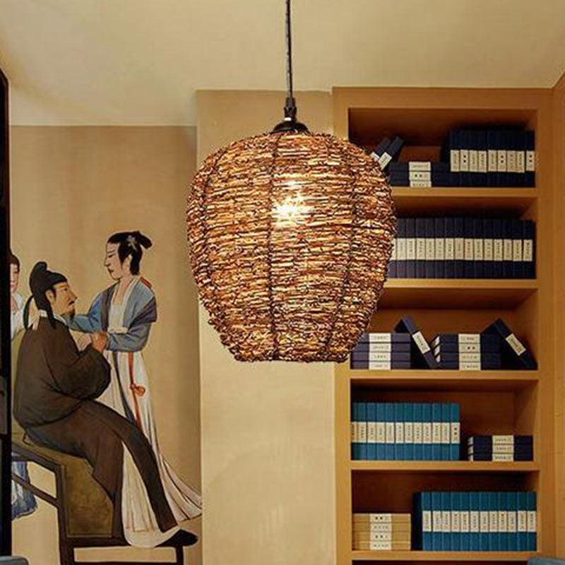 Brown Geometry Suspension Lamp Rustic Single Rattan Hanging Pendant Light for Living Room Clearhalo 'Ceiling Lights' 'Pendant Lights' 'Pendants' Lighting' 2044579