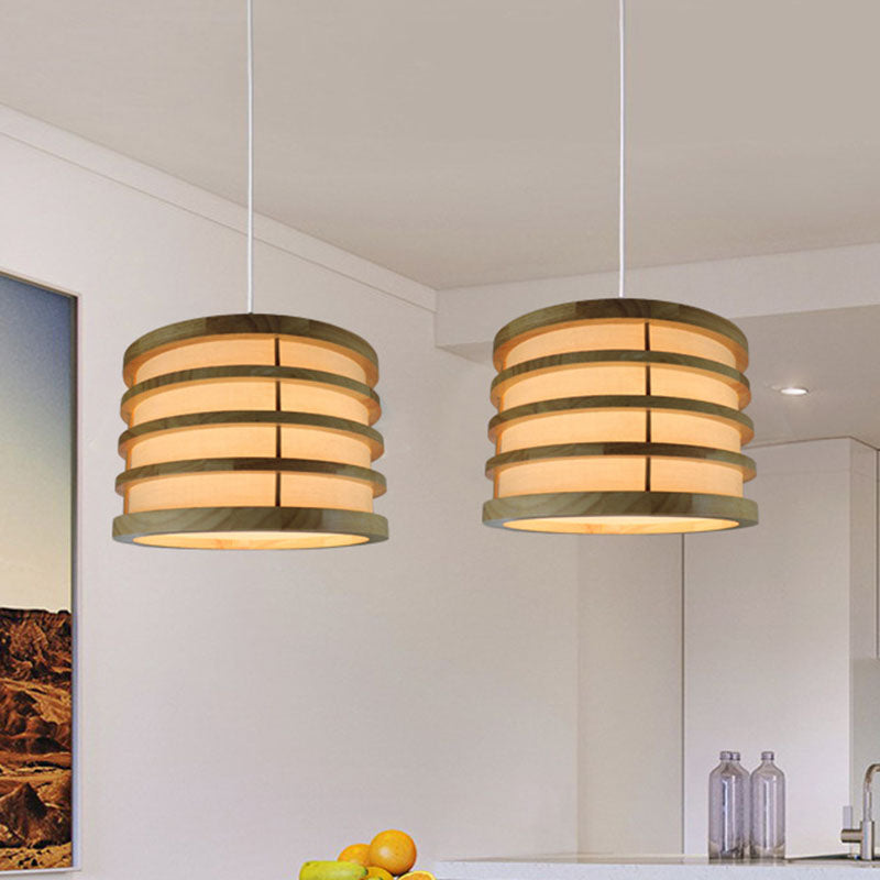 Beige Bucket Shaped Ceiling Pendant Contemporary 1-Light Wood Hanging Light Fixture Clearhalo 'Ceiling Lights' 'Pendant Lights' 'Pendants' Lighting' 2044592