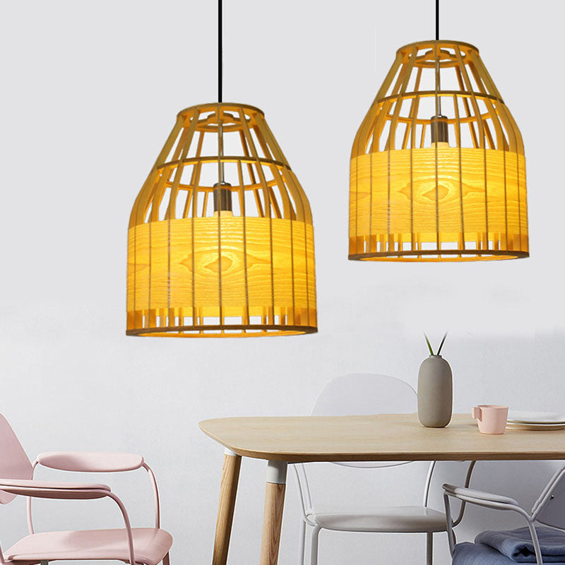 Slatted Cage Wooden Pendant Light Asia Single Bulb Beige Suspended Lighting Fixture Clearhalo 'Ceiling Lights' 'Pendant Lights' 'Pendants' Lighting' 2044623