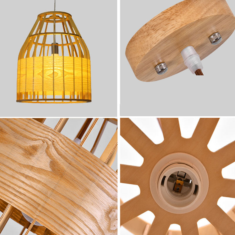 Slatted Cage Wooden Pendant Light Asia Single Bulb Beige Suspended Lighting Fixture Clearhalo 'Ceiling Lights' 'Pendant Lights' 'Pendants' Lighting' 2044624