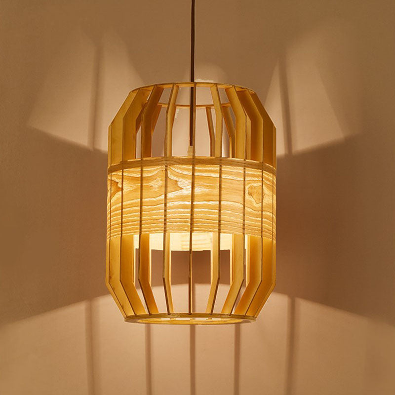 Slatted Cage Wooden Pendant Light Asia Single Bulb Beige Suspended Lighting Fixture Wood B Clearhalo 'Ceiling Lights' 'Pendant Lights' 'Pendants' Lighting' 2044625_20392119-b35a-4ace-9a78-11e42d0c9661