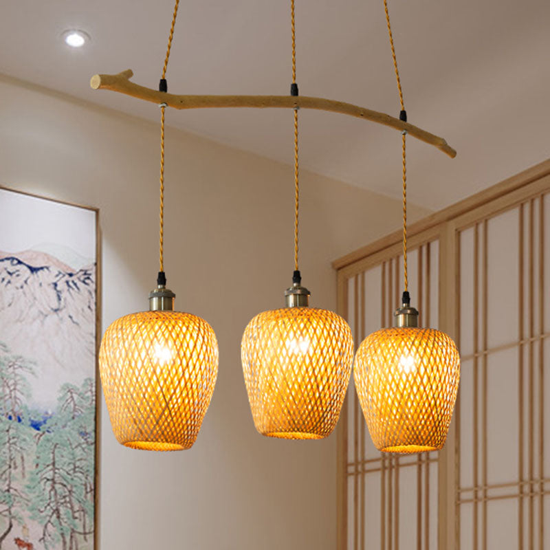 Chinese Style Single Multi-Light Pendant Wood Lantern Hanging Light with Bamboo Shade Wood Clearhalo 'Ceiling Lights' 'Pendant Lights' 'Pendants' Lighting' 2044655_a2fee977-bc06-4054-9413-d338314026d2