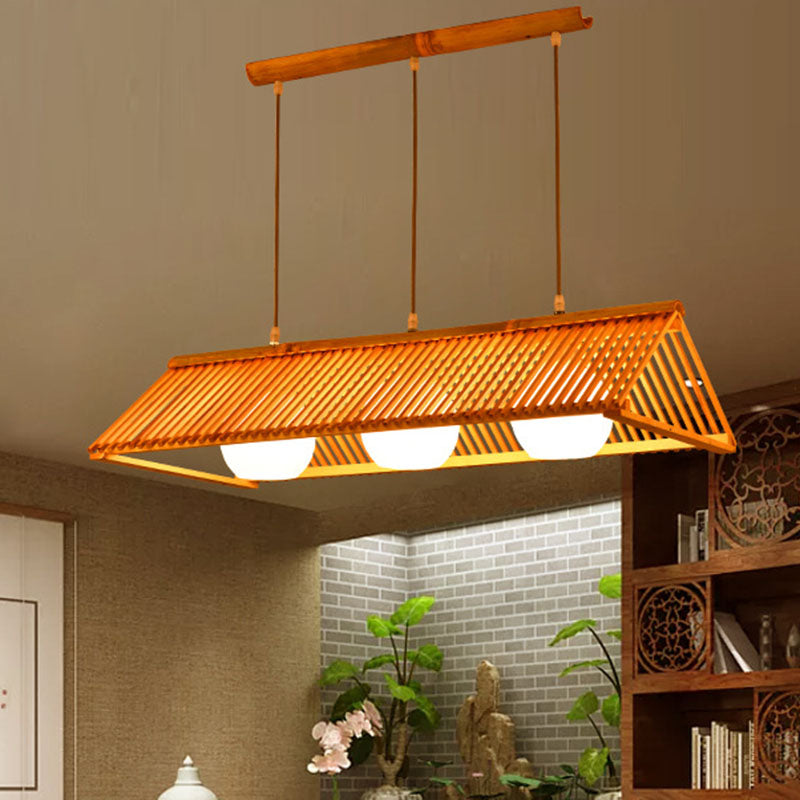 Wood Triangular Prism Pendant Lamp Modern Bamboo Island Ceiling Light with Ball Cream Glass Shade Clearhalo 'Ceiling Lights' 'Island Lights' Lighting' 2044688