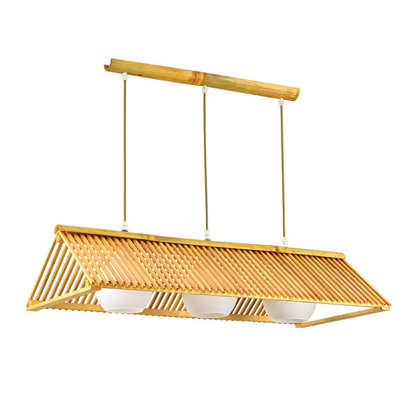 Wood Triangular Prism Pendant Lamp Modern Bamboo Island Ceiling Light with Ball Cream Glass Shade Clearhalo 'Ceiling Lights' 'Island Lights' Lighting' 2044690