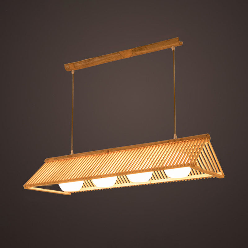 Wood Triangular Prism Pendant Lamp Modern Bamboo Island Ceiling Light with Ball Cream Glass Shade 4 Wood Clearhalo 'Ceiling Lights' 'Island Lights' Lighting' 2044691