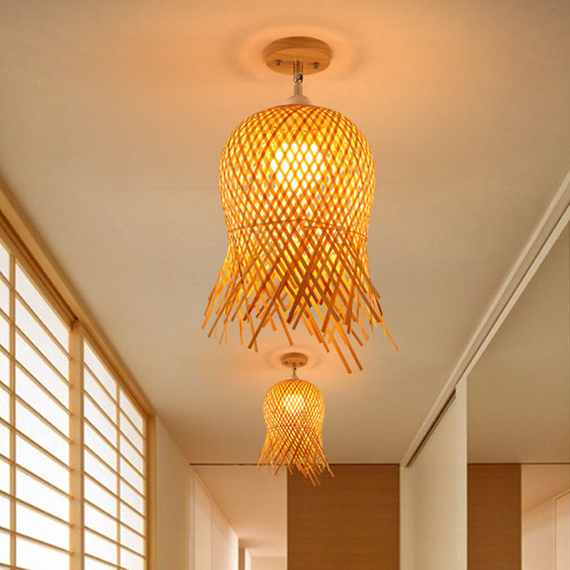 Geometric Semi Flush Mount Light Asian Bamboo Single Aisle Ceiling Flush Lamp in Wood Wood D Clearhalo 'Ceiling Lights' 'Close To Ceiling Lights' 'Close to ceiling' 'Semi-flushmount' Lighting' 2044692