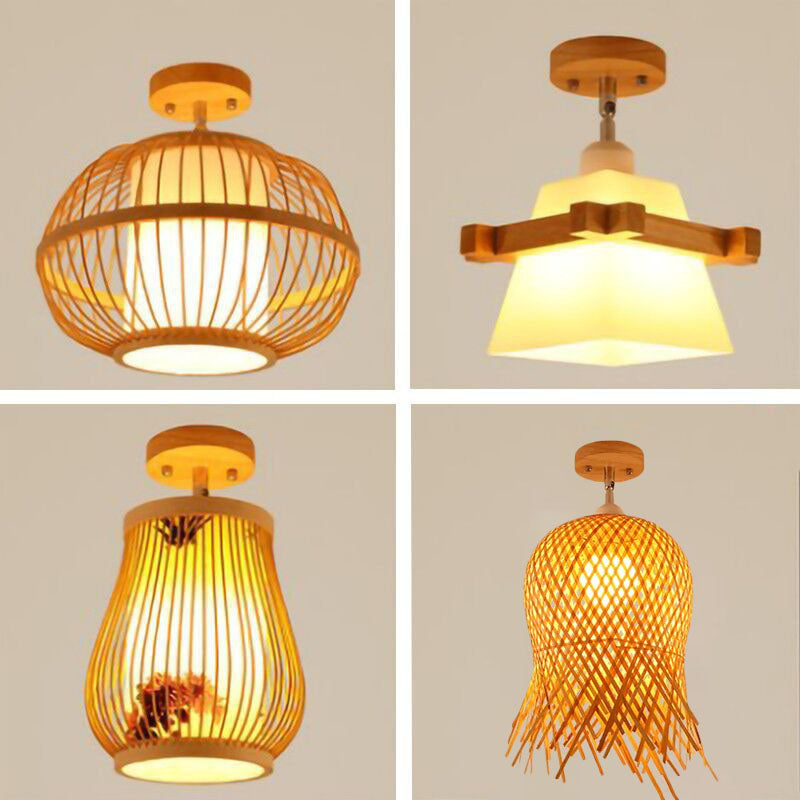 Geometric Semi Flush Mount Light Asian Bamboo Single Aisle Ceiling Flush Lamp in Wood Clearhalo 'Ceiling Lights' 'Close To Ceiling Lights' 'Close to ceiling' 'Semi-flushmount' Lighting' 2044693