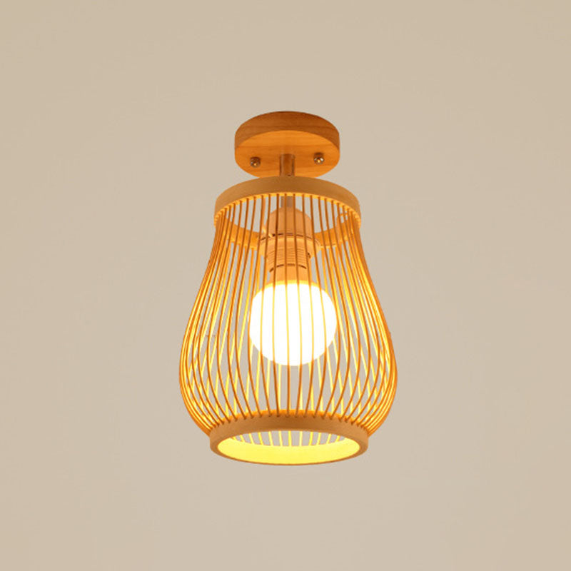 Geometric Semi Flush Mount Light Asian Bamboo Single Aisle Ceiling Flush Lamp in Wood Wood B Clearhalo 'Ceiling Lights' 'Close To Ceiling Lights' 'Close to ceiling' 'Semi-flushmount' Lighting' 2044696