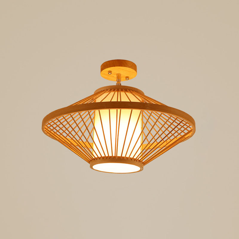 Geometric Semi Flush Mount Light Asian Bamboo Single Aisle Ceiling Flush Lamp in Wood Wood F Clearhalo 'Ceiling Lights' 'Close To Ceiling Lights' 'Close to ceiling' 'Semi-flushmount' Lighting' 2044701