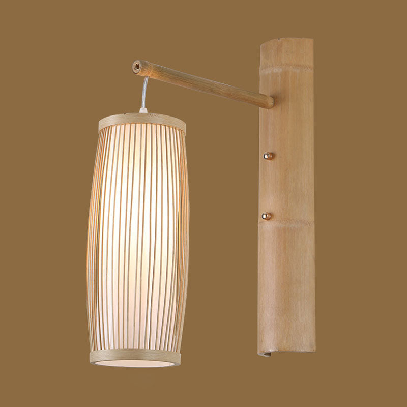 Hand-Worked Bedside Lantern Wall Sconce Bamboo 1 Head Asian Wall Mount Light in Wood Clearhalo 'Wall Lamps & Sconces' 'Wall Lights' Lighting' 2044705