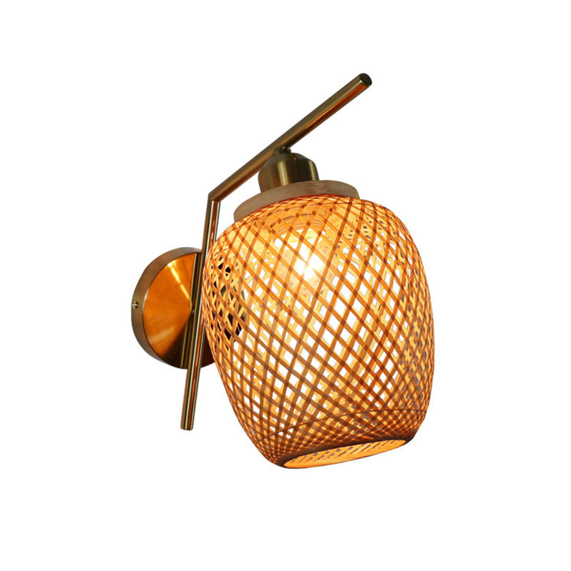 Bamboo Criss-Cross Woven Wall Lantern Chinese Style 1 Bulb Wood Wall Mounted Light Fixture Wood C Clearhalo 'Wall Lamps & Sconces' 'Wall Lights' Lighting' 2044726