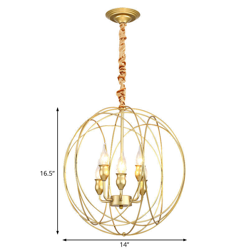 Globe Cage Metal Candle Chandelier Industrial 5 Bulb Dining Room Pendant Chandelier in Gold Clearhalo 'Cast Iron' 'Ceiling Lights' 'Chandeliers' 'Industrial Chandeliers' 'Industrial' 'Metal' 'Middle Century Chandeliers' 'Rustic Chandeliers' 'Tiffany' Lighting' 204556