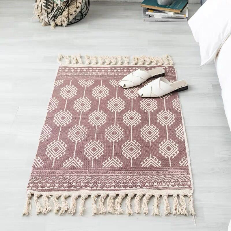 Boho Chic Bedroom Rug Multi-Color Geometric Pattern Rug Cotton Machine Wash Carpet with Tassel Fringe Rose Red 2' x 2'11