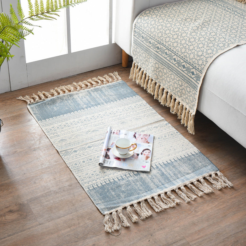 Boho Chic Bedroom Rug Multi-Color Geometric Pattern Rug Cotton Machine Wash Carpet with Tassel Fringe Blue-Gray 2' x 2'11