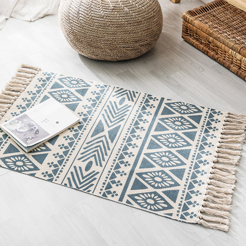 Boho Chic Bedroom Rug Multi-Color Geometric Pattern Rug Cotton Machine Wash Carpet with Tassel Fringe Beige-Blue 2' x 2'11