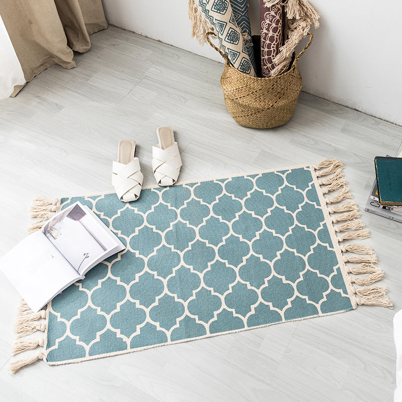 Boho Chic Bedroom Rug Multi-Color Geometric Pattern Rug Cotton Machine Wash Carpet with Tassel Fringe Light Blue-White 2' x 2'11