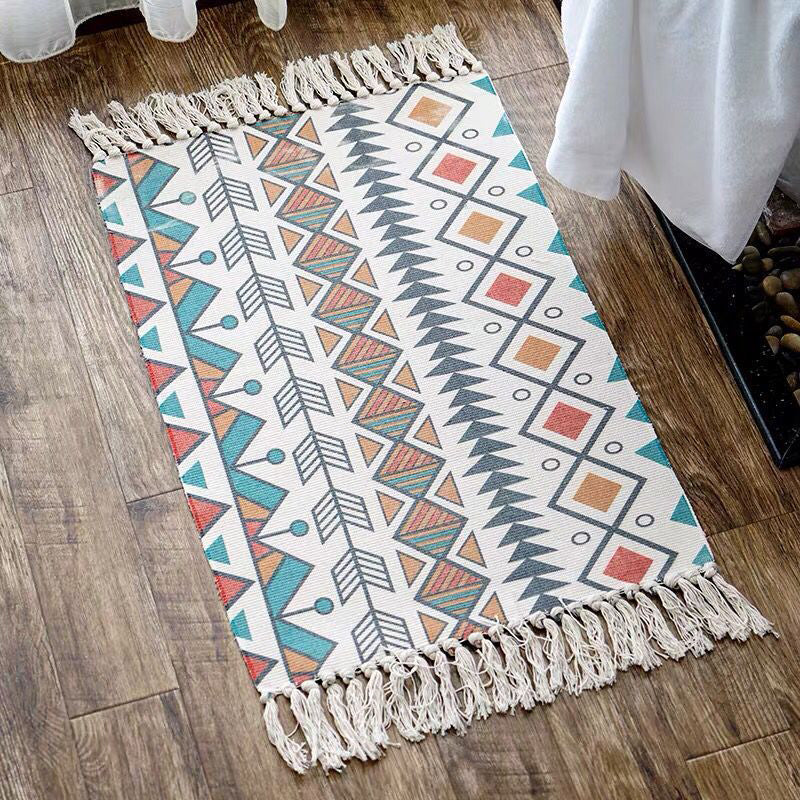 Unique Geometric Rug Multicolor Eclectic Rug Cotton Pet Friendly Carpet with Tassel Knot for Great Room Red-Blue 2' x 2'11