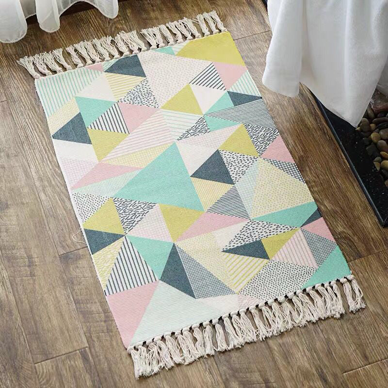 Multi Color Bedroom Rug Funky Geometric Carpet Cotton Machine Washable Pet Friendly Rug with Tassel Blue-Pink 2' x 2'11