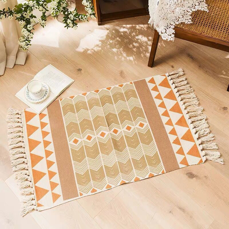 Multi Color Bedroom Rug Funky Geometric Carpet Cotton Machine Washable Pet Friendly Rug with Tassel Yellow-Red 2' x 2'11