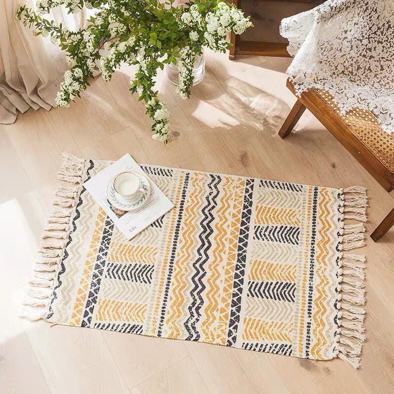 Multi Color Bedroom Rug Funky Geometric Carpet Cotton Machine Washable Pet Friendly Rug with Tassel Blue-Orange 2' x 2'11