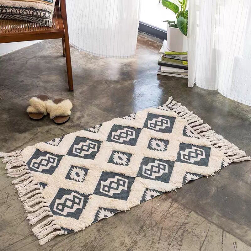 Stylish Diamond Patterned Rug Multi-Color Boho Carpet Cotton Pet Friendly Washable Rug for Room Navy 2' x 2'11