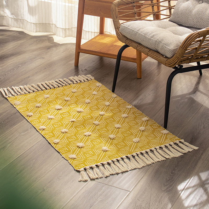 Stylish Diamond Patterned Rug Multi-Color Boho Carpet Cotton Pet Friendly Washable Rug for Room Yellow 2' x 2'11