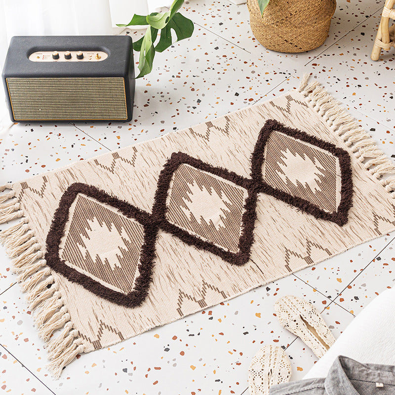 Bohemian Rhombus Indoor Rug Multi Color Cotton Rug Pet Friendly Area Carpet for Home Brown 2' x 2'11