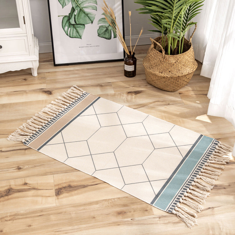 Multi Colored Triangle Pattern Rug Cotton Eclectic Carpet Pet Friendly Rug for Home White-Blue 2' x 2'11