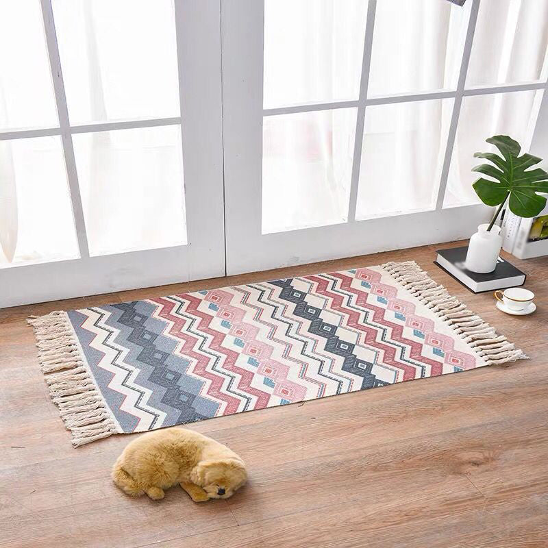 Decorative Bohemian Rug Multi Color Tribal Carpet Pet Friendly Rug with Tassel for Door Pink 2' x 2'11