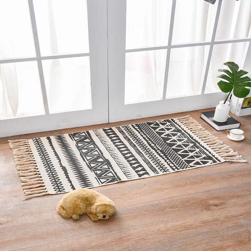 Decorative Bohemian Rug Multi Color Tribal Carpet Pet Friendly Rug with Tassel for Door Black 2' x 2'11