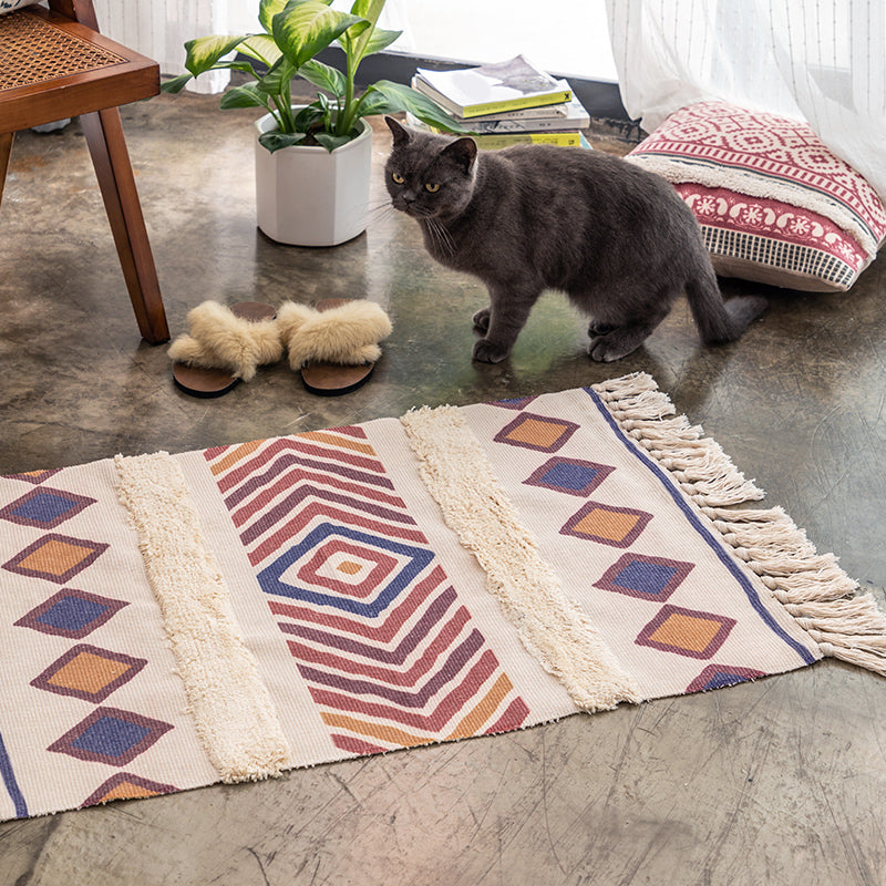 Bohemian Circles Indoor Rug Multi-Color Cotton Carpet Pet Friendly Rug for Living Room Purple-Red 2' x 2'11