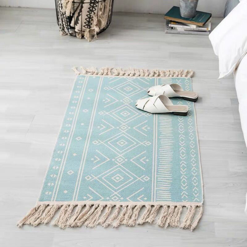 Aesthetic Multi Color Boho Rug Cotton Braided Flower Rug Pet Friendly Area Carpet for Bedroom Light Blue 2' x 2'11