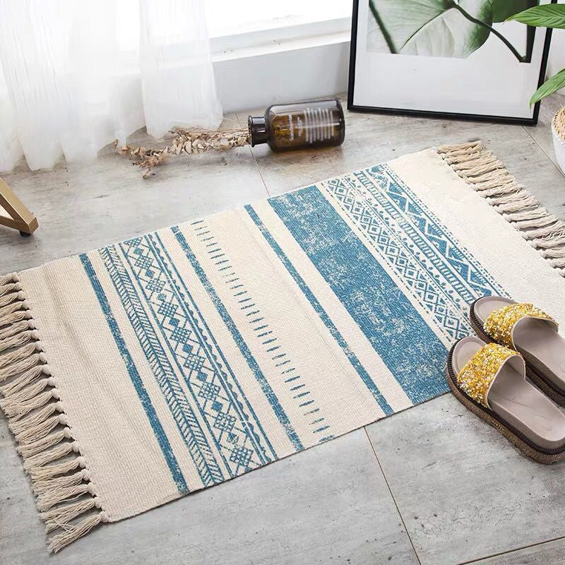 Aesthetic Multi Color Boho Rug Cotton Braided Flower Rug Pet Friendly Area Carpet for Bedroom Blue 2' x 2'11