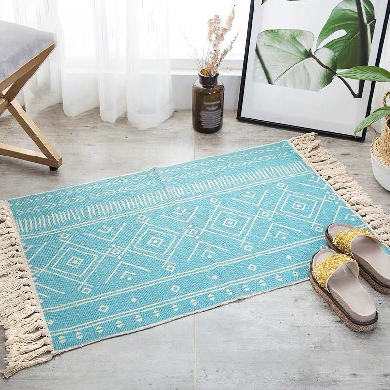 Multi-Color Palm Leaf Rug Cotton Bohemia Rug Machine Washable Carpet for Room Blue 2' x 2'11