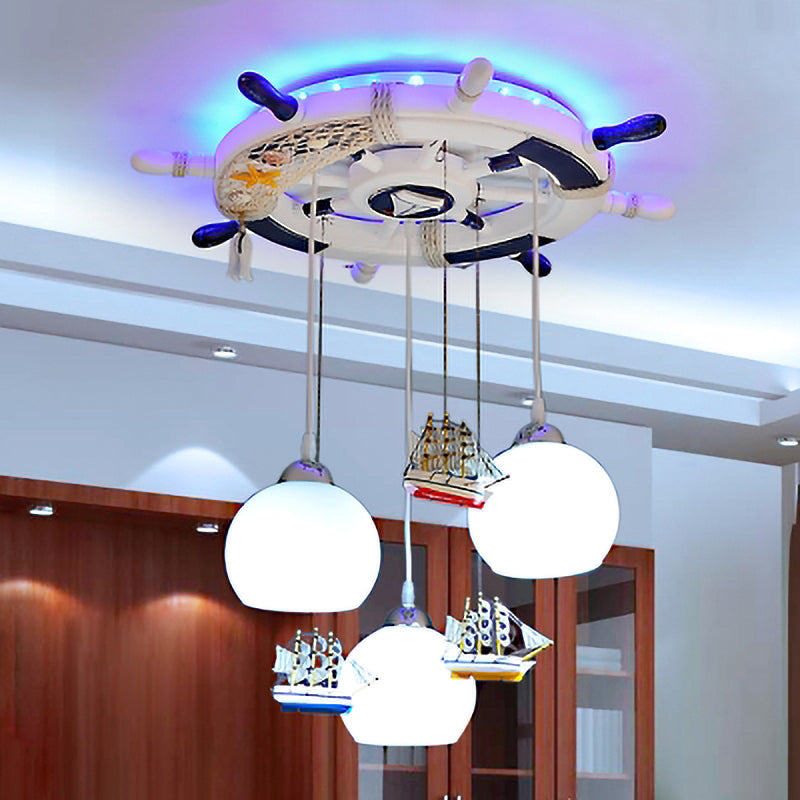 Milk Glass Orb Ceiling Pendant with Rudder & Ship Child Bedroom 3 Lights Nautical Hanging Light in White Blue Clearhalo 'Ceiling Lights' 'Pendant Lights' 'Pendants' Lighting' 204923_12baa565-da67-4e69-86f5-28fe96866c3f