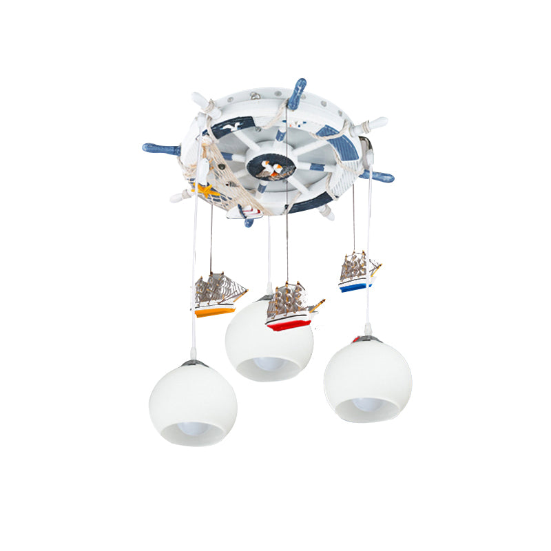 Milk Glass Orb Ceiling Pendant with Rudder & Ship Child Bedroom 3 Lights Nautical Hanging Light in White Clearhalo 'Ceiling Lights' 'Pendant Lights' 'Pendants' Lighting' 204925