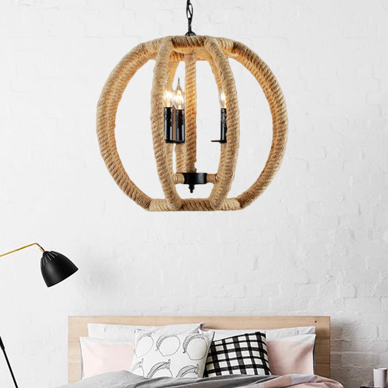 3-Light Globe Chandelier Industrial Beige Rope Pendant Light Fixture for Dining Room Beige Clearhalo 'Ceiling Lights' 'Chandeliers' 'Industrial Chandeliers' 'Industrial' 'Middle Century Chandeliers' 'Tiffany' Lighting' 205208