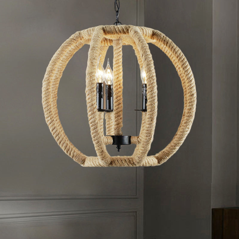 3-Light Globe Chandelier Industrial Beige Rope Pendant Light Fixture for Dining Room Clearhalo 'Ceiling Lights' 'Chandeliers' 'Industrial Chandeliers' 'Industrial' 'Middle Century Chandeliers' 'Tiffany' Lighting' 205209