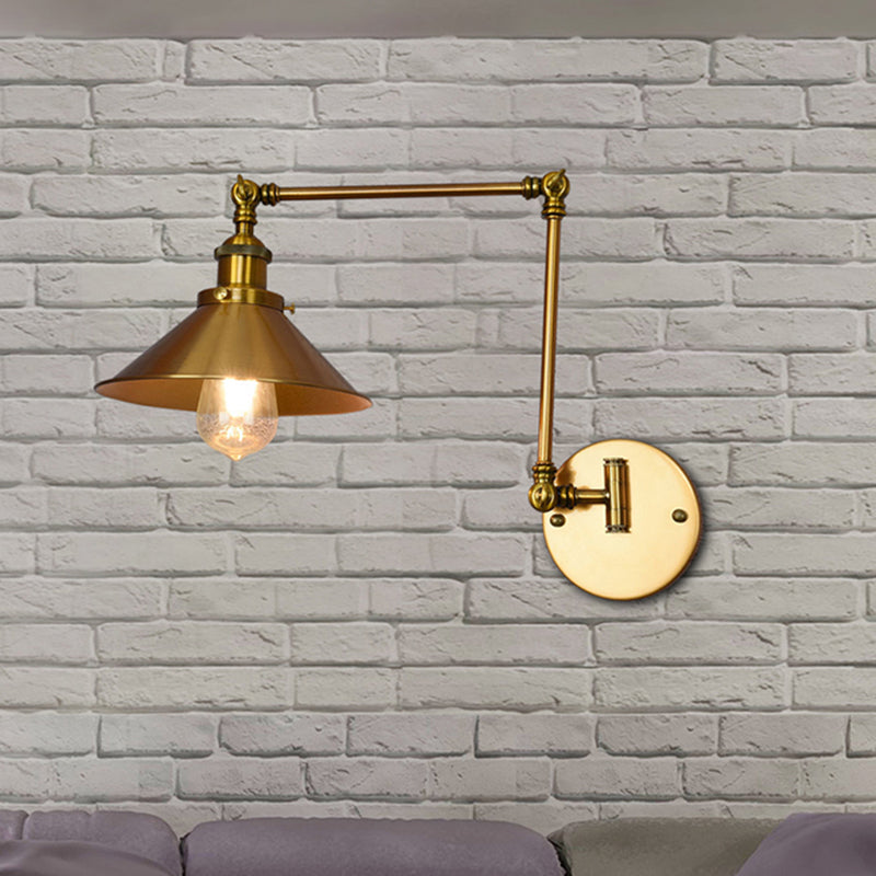 One Bulb Wall Light with Cone Shade Metal Industrial Indoor Sconce Lighting Fixture in Brass Clearhalo 'Art deco wall lights' 'Cast Iron' 'Glass' 'Industrial wall lights' 'Industrial' 'Middle century wall lights' 'Modern' 'Rustic wall lights' 'Tiffany' 'Traditional wall lights' 'Wall Lamps & Sconces' 'Wall Lights' Lighting' 205282