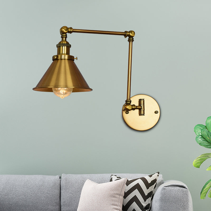 1 Light Metal Wall Lamp Industrial Brass Conical Indoor Sconce Light Fixture for Living Room Clearhalo 'Art deco wall lights' 'Cast Iron' 'Glass' 'Industrial wall lights' 'Industrial' 'Middle century wall lights' 'Modern' 'Rustic wall lights' 'Tiffany' 'Traditional wall lights' 'Wall Lamps & Sconces' 'Wall Lights' Lighting' 205295