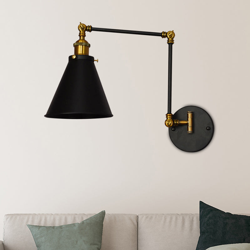 Black One Light Sconce Light Industrial Metal Cone Shade Wall Lighting Fixture for Living Room Clearhalo 'Art deco wall lights' 'Cast Iron' 'Glass' 'Industrial wall lights' 'Industrial' 'Middle century wall lights' 'Modern' 'Rustic wall lights' 'Tiffany' 'Traditional wall lights' 'Wall Lamps & Sconces' 'Wall Lights' Lighting' 205305