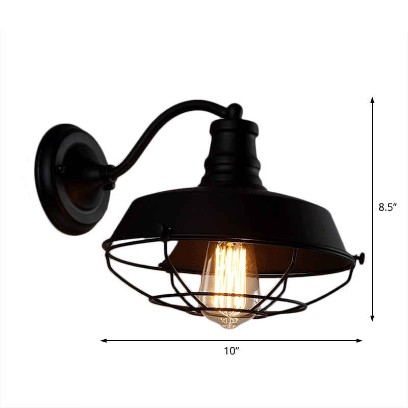 Barn Metal Sconce Lighting Industrial Single Bulb Indoor Wall Mounted Lamp in Black/Rust with Cage Clearhalo 'Art deco wall lights' 'Cast Iron' 'Glass' 'Industrial wall lights' 'Industrial' 'Middle century wall lights' 'Modern' 'Rustic wall lights' 'Tiffany' 'Traditional wall lights' 'Wall Lamps & Sconces' 'Wall Lights' Lighting' 205318