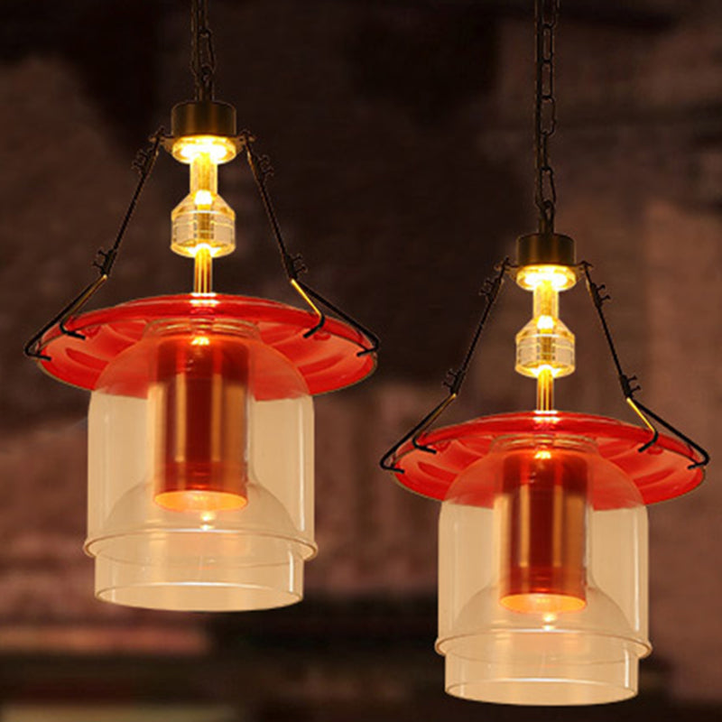 1 Light Cylinder/Cone Pendant Lighting Fixture Industrial Red Clear Glass Hanging Ceiling Light, 12