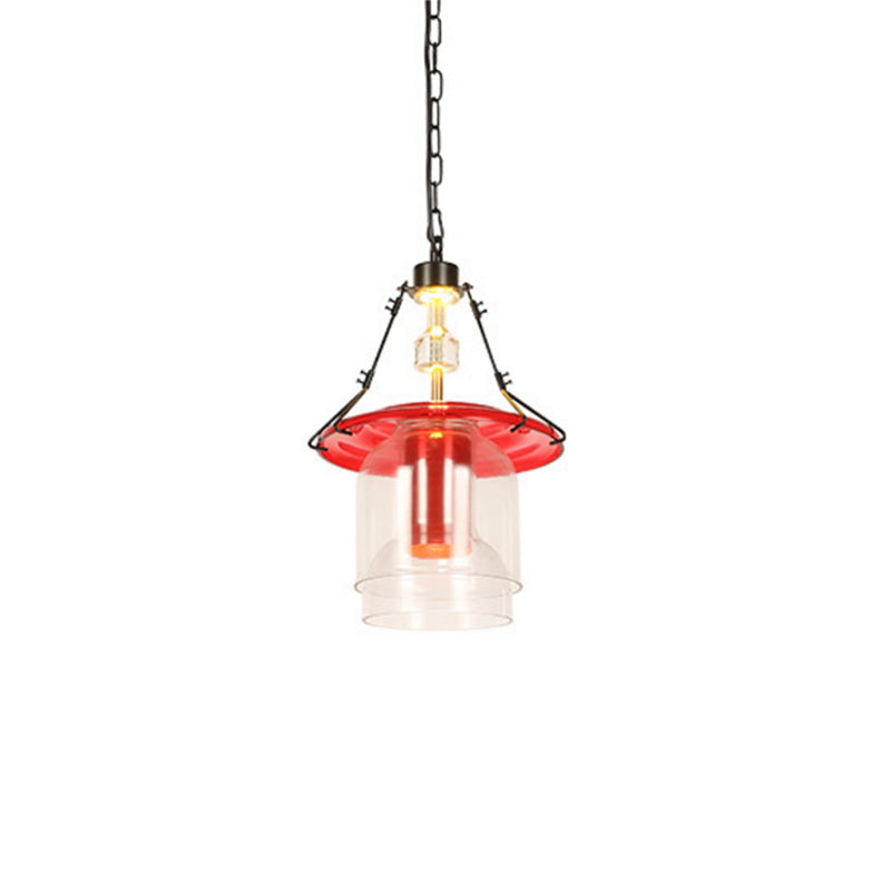 1 Light Cylinder/Cone Pendant Lighting Fixture Industrial Red Clear Glass Hanging Ceiling Light, 12