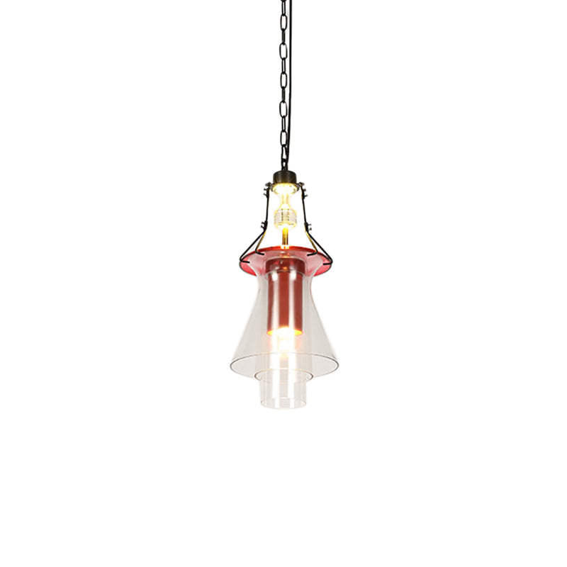 1 Light Cylinder/Cone Pendant Lighting Fixture Industrial Red Clear Glass Hanging Ceiling Light, 12