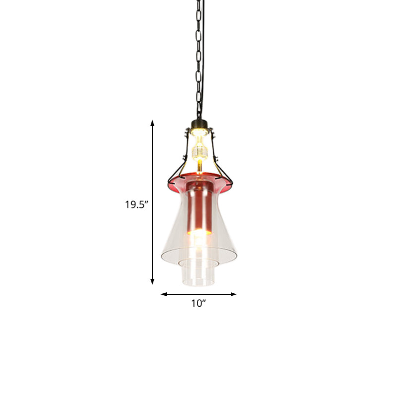 1 Light Cylinder/Cone Pendant Lighting Fixture Industrial Red Clear Glass Hanging Ceiling Light, 12