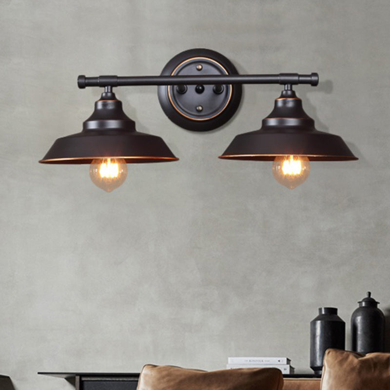 2-Light Barn Shade Wall Lamp Industrial Matte Black Metal Sconce Light Fixture for Living Room with Round Backplate Clearhalo 'Art deco wall lights' 'Cast Iron' 'Glass' 'Industrial wall lights' 'Industrial' 'Middle century wall lights' 'Modern' 'Rustic wall lights' 'Tiffany' 'Traditional wall lights' 'Wall Lamps & Sconces' 'Wall Lights' Lighting' 205522